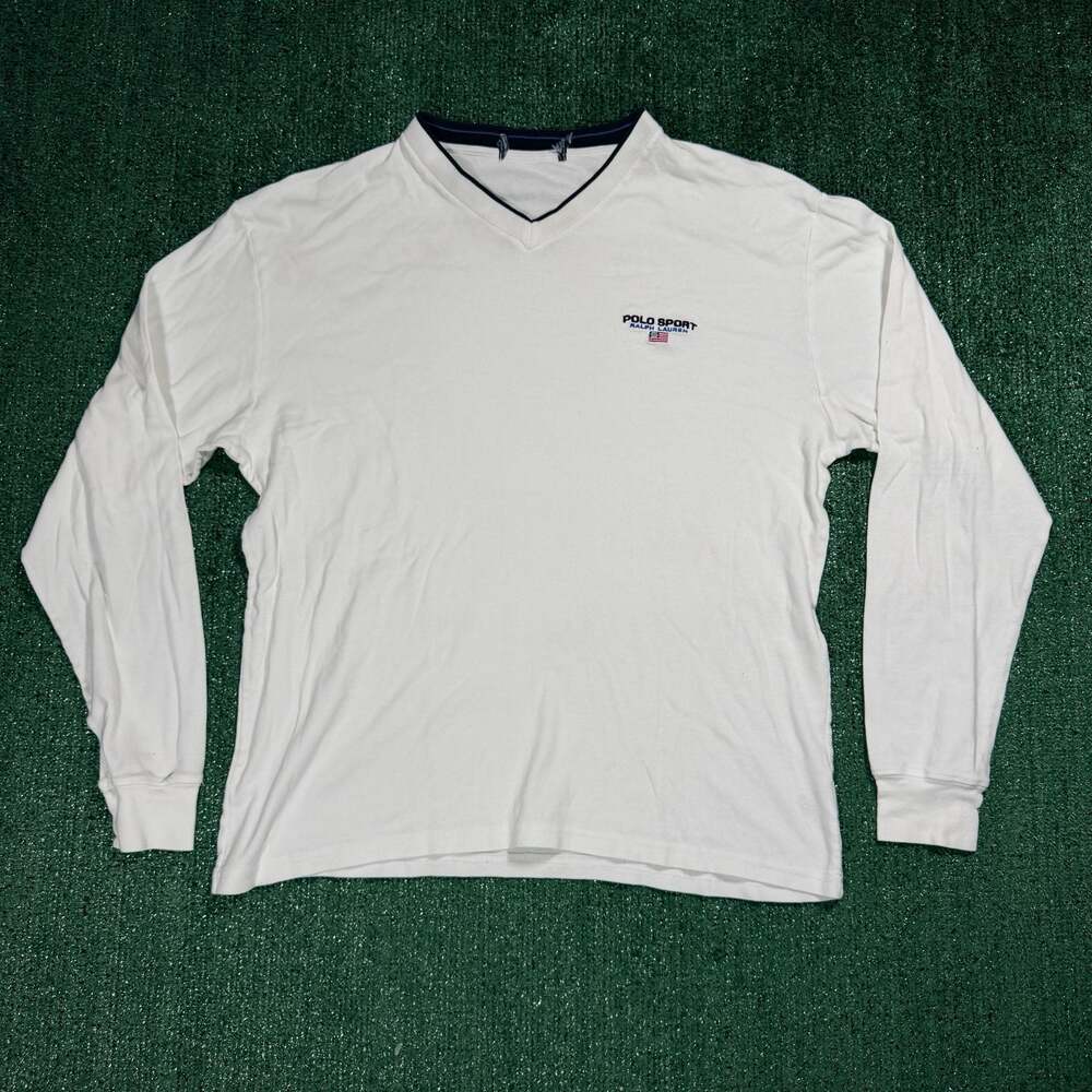 Mens Polo Sport Ralph Lauren Long Sleeve V-Neck T-Shirt White Medium